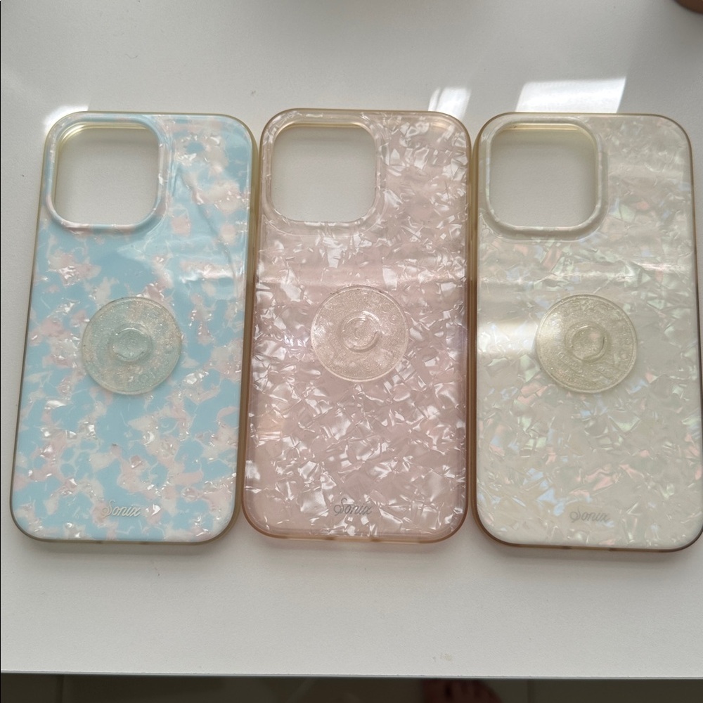 Sonic iPhone 14 Pro Max Opal Shell Phone Cases in Blue, Pink, and Cream